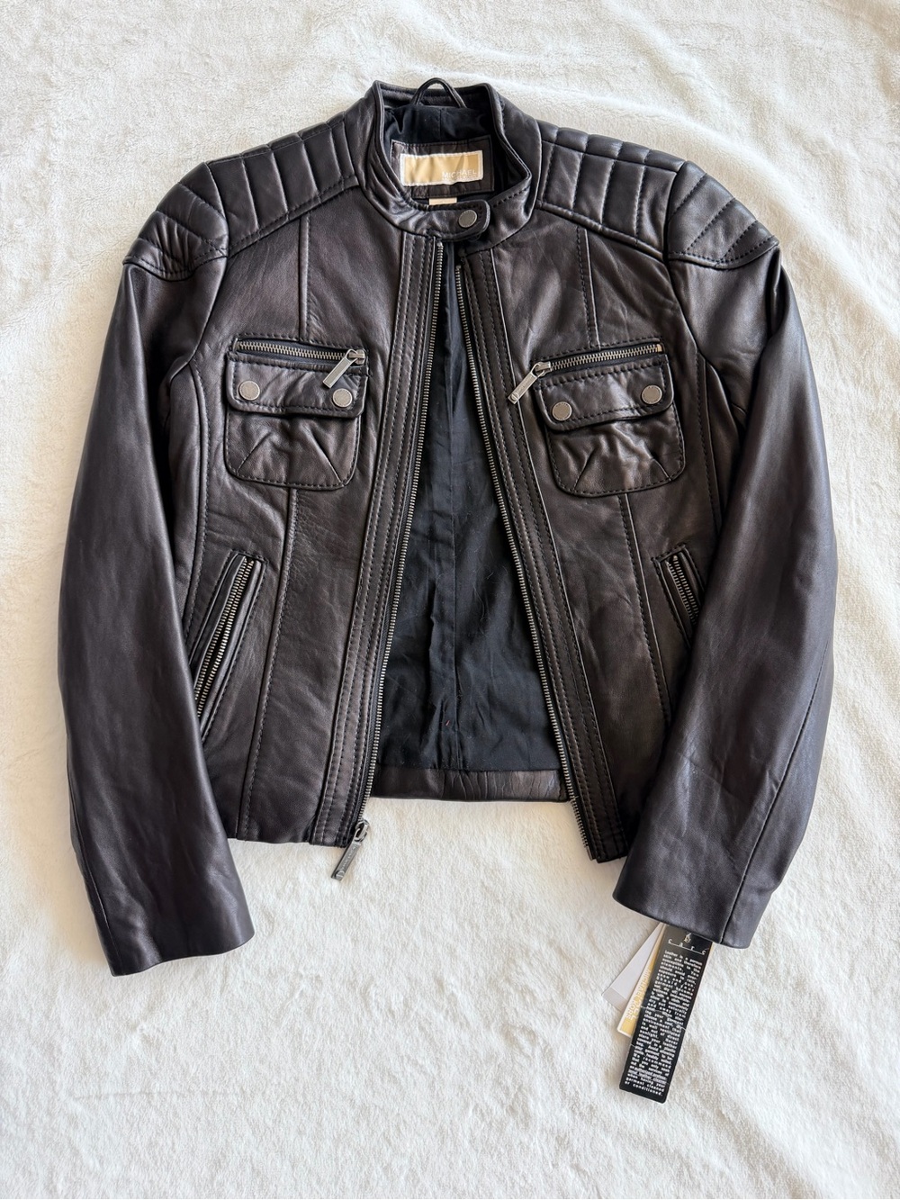 NWT Michael Kors Leather Moto Jacket Black Size Small Quilted Shoulder Buckle